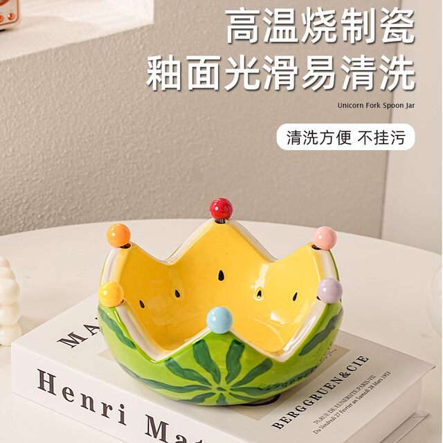 Ceramic creative watermelon fruit plate with fork for home living room fruit salad bowl cute stainless steel fork set