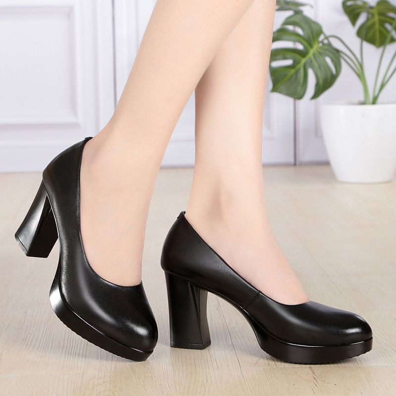 Genuine Leather Work Shoes for Women, Black Leather Shoes, Professional Women's Shoes, Thick Heel, Catwalk High Heels, Non-Tiring, Soft Sole, Soft Leather Flats