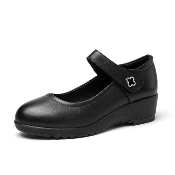 坡跟单鞋女真皮软底女士红色皮鞋圆头妈妈跳舞鞋魔术贴女鞋工作鞋