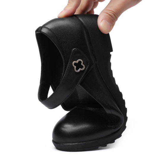 坡跟单鞋女真皮软底女士红色皮鞋圆头妈妈跳舞鞋魔术贴女鞋工作鞋