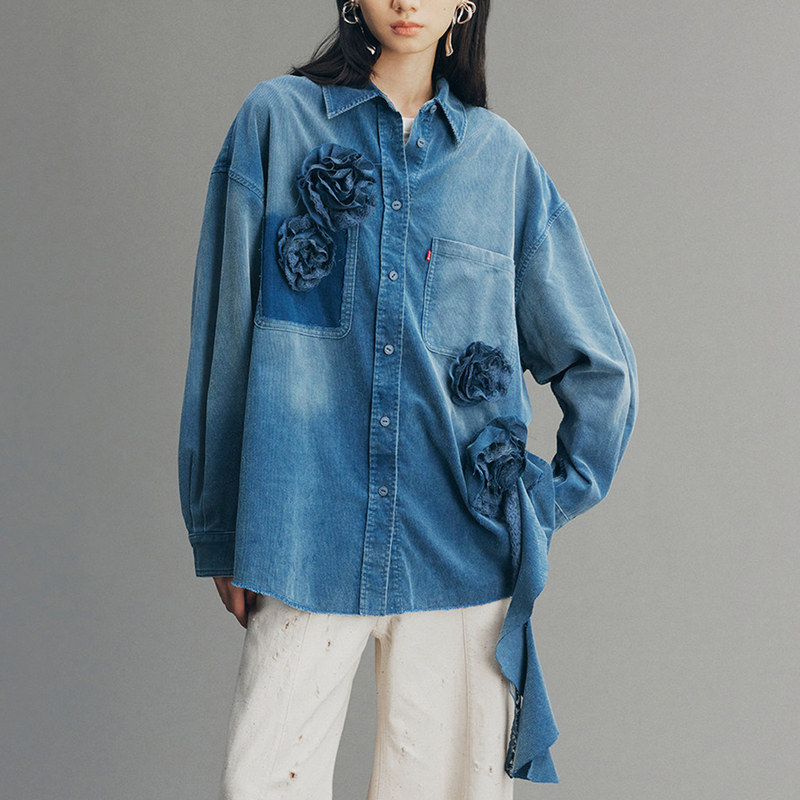 Shenzhen Nanyou High-End Women's Clothing 2026 Autumn New Unisex Style Three-Dimensional Flower Long-Sleeve Ribbon Denim Shirt for Women