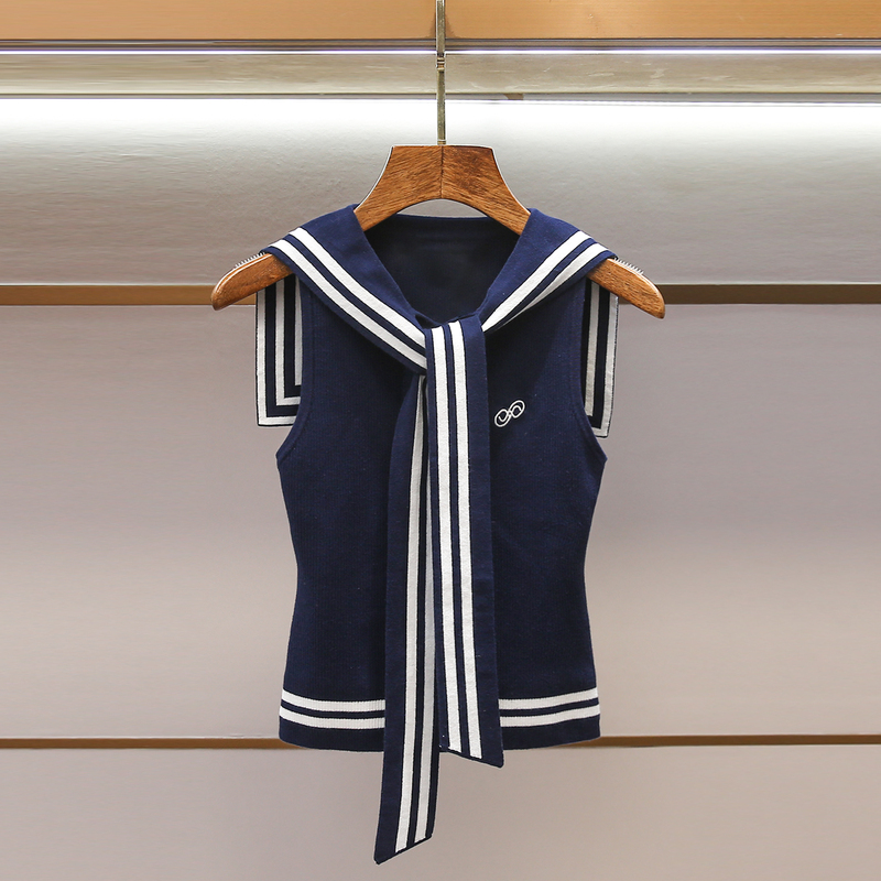 Shenzhen Nanyou High-End Women's Clothing 2026 Spring New Navy Collar Knitted Vest Women's Striped Color-Blocking Sleeveless Top