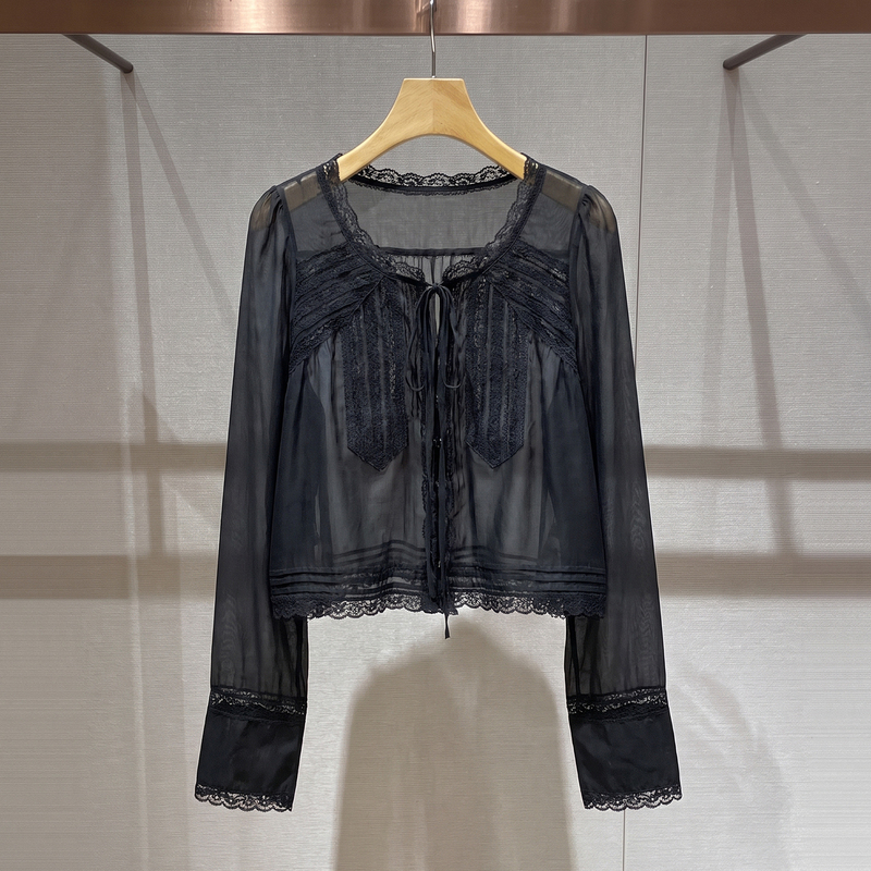 Shenzhen Nanyou High-End Women's Clothing 2026 Autumn New Airy Lace Patchwork Bow Round Neck Short Shirt for Women