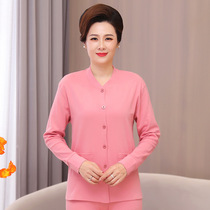 Middle-aged and elderly pure cotton womens cardigan mothers top grandmas pure cotton solid color autumn coat double-breasted long-sleeved linen shirt