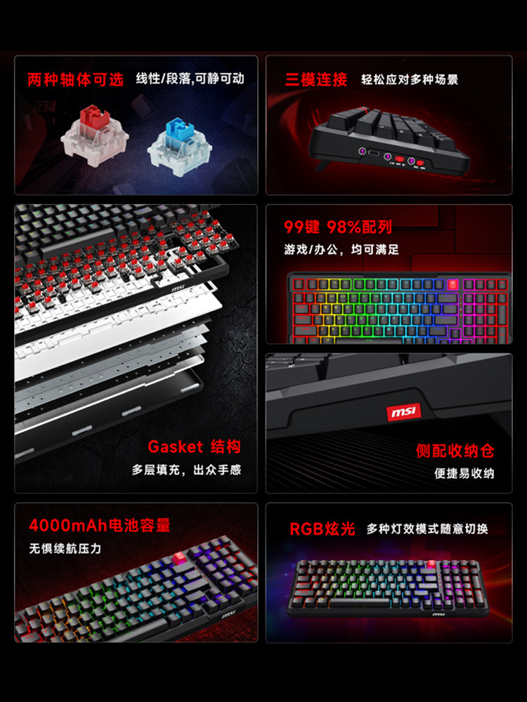 Msi Wireless Three-Mode Mechanical Keyboard Gk500W Dark Night Linear Tactile Gasket Structure Gaming