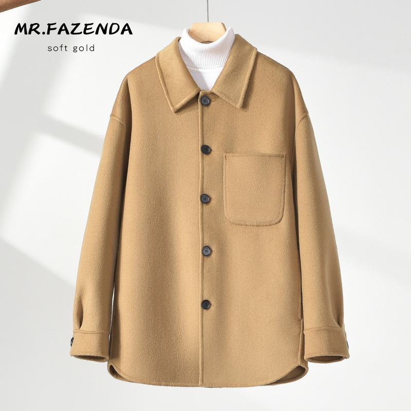 Autumn and Winter Woolen Coat for Men, Drop Shoulder, Loose Fit, Double-Sided Wool Coat, Short Style, Off-Season, Lapel Shirt-Style Jacket