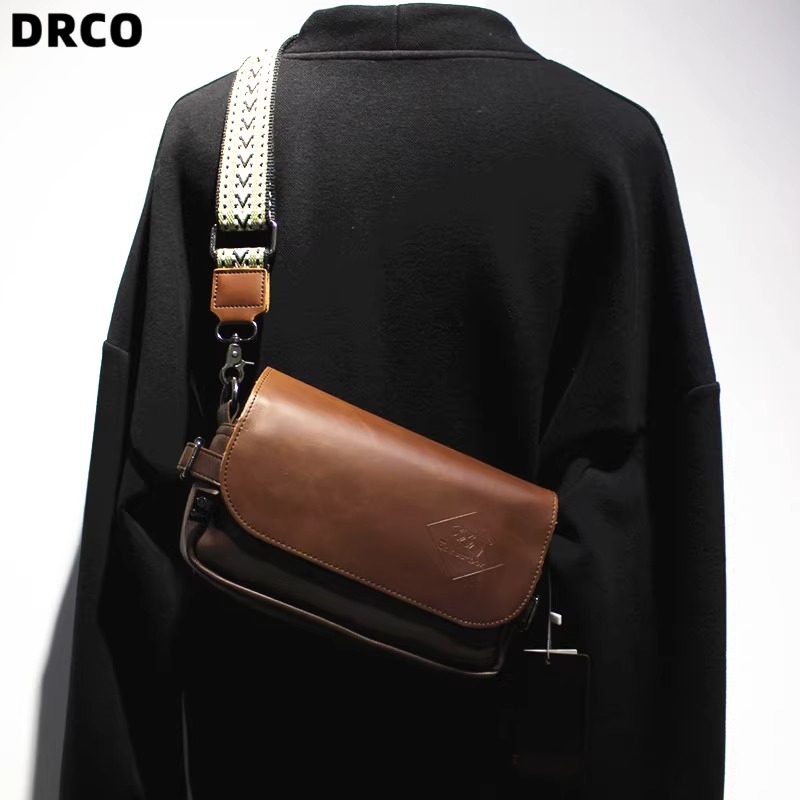 French Drco Genuine Vintage Distressed Messenger Bag for Men, Fashionable Genuine Leather Shoulder Crossbody Small Square Bag, Multifunctional Chest Bag