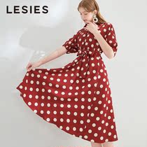 Blue Love 2021 Spring Summer Women Red Wave Dot Dress Women Sweet Vintage French Platycodon