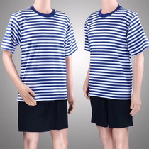 Sea-sweatshirt suit for men and women Summer speed dry sea blue striped short sleeve T-shirt shorts fitness training clothing