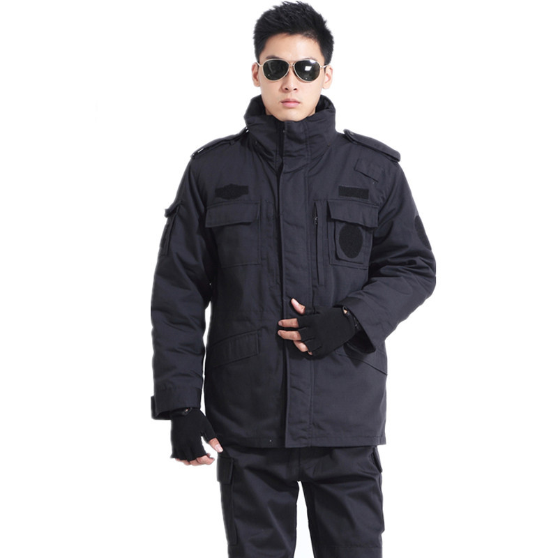 Original black grid cloth cotton great coat winter thickened male and female security combat training uniform on duty cotton padded jacket plus fertilizer