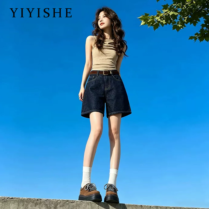 American-Style Dark Blue High-Waisted Denim Shorts for Women, 2026 Summer New High-Waisted Slimming Loose Straight Mid-Length Pants American-Style Dark Blue High-Waisted Denim Shorts for Women, 2026 Summer New High-Waisted Slimming Loose Straight Mid-Length Pants