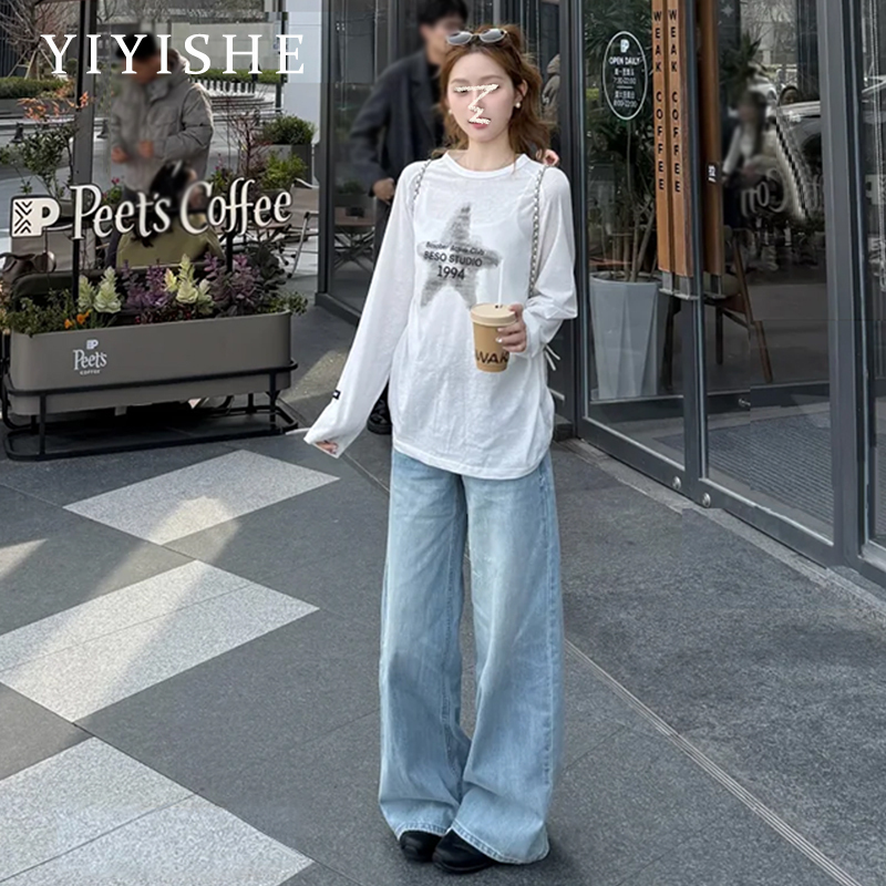 American-Style Light Blue Ripped Wide-Leg Jeans for Women 2026 Spring New Low-Waist Slimming Loose Drape Straight-Leg Pants