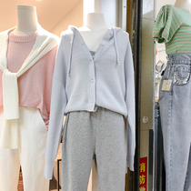 2021 autumn new Korean version of the foreign style net red long-sleeved top blue hooded knitted sweater cardigan jacket female