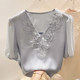 2026 ຮູບແບບຝຣັ່ງແບບໃຫມ່ slim V-neck ອຸດສາຫະກໍາຫນັກ crochet beading ສີແຂງເສື້ອ chiffon ແຂນສັ້ນສໍາລັບແມ່ຍິງ summer ບາງໆ