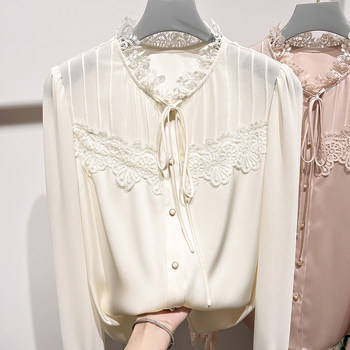 Splicing ເສື້ອ chiffon ຄໍ ຄໍ ໃຫມ່ ແບບ ເກົາ ຫຼີ ໃຫມ່