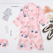 Áo ngủ cotton Nhật Bản Mùa hè mỏng phần cotton dài yukata Nhật kim phục vụ tại nhà nữ đồ ngủ hoạt hình - Đêm đầm