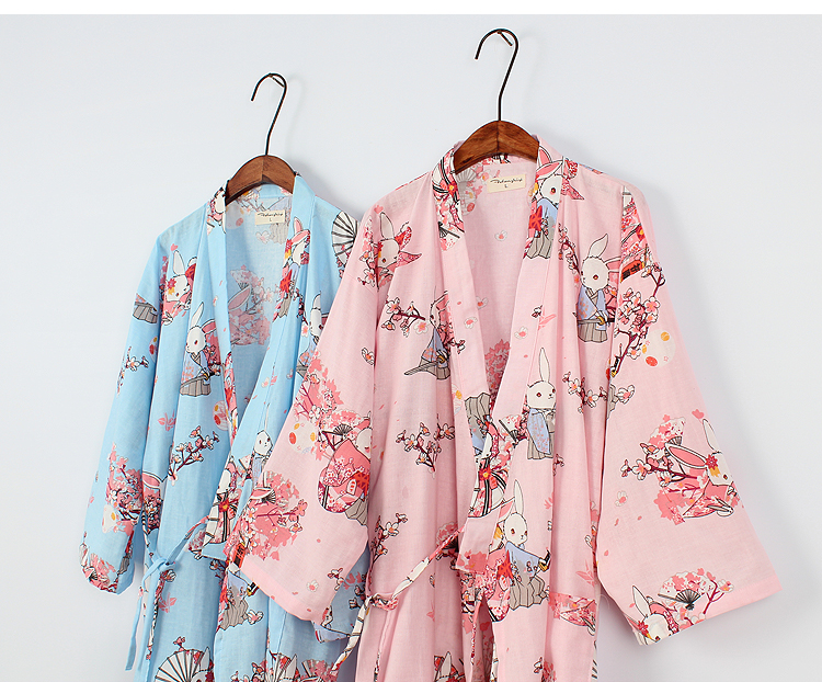 Áo ngủ cotton Nhật Bản Mùa hè mỏng phần cotton dài yukata Nhật kim phục vụ tại nhà nữ đồ ngủ hoạt hình - Đêm đầm váy lanh mặc nhà