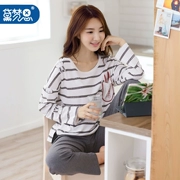 Nightmare 2017 mới mùa thu ladies đồ ngủ cotton đơn giản sọc dịch vụ nhà dài tay cotton home set