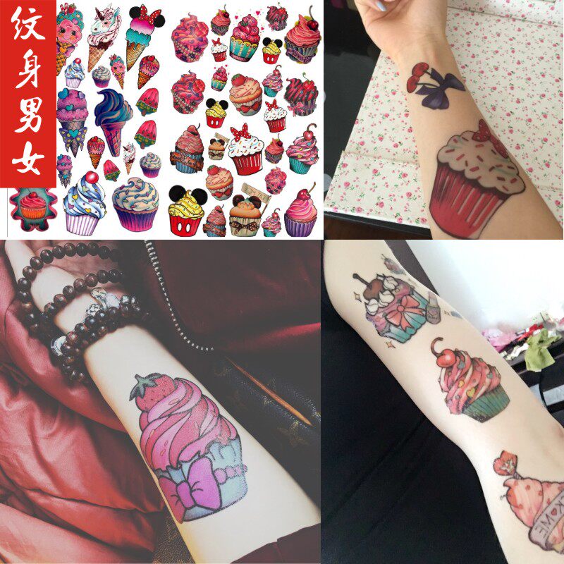 A set of 2 original color ice cream cake tattoo stickers Beautiful girl waterproof personality tattoo