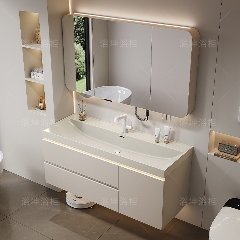 Italian Minimalist Style Gold-Plated Stone Ocean Basin Integrated Bathroom Cabinet Set Washbasin