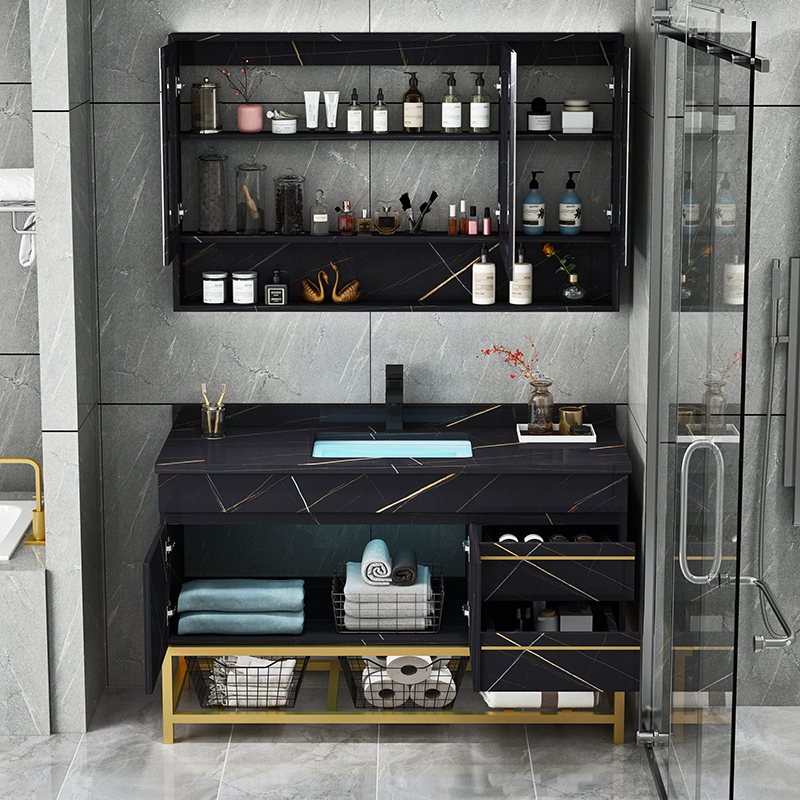 Nordic Minimalist Solid Wood Smart Bath Cabinet Combined Makeup Room Rock Plate Basin Wash Washout Washbasin Cabinet Composition