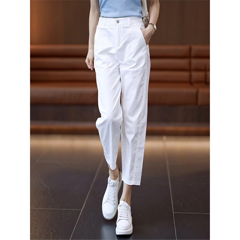White Pants for Women 2026 Summer and Autumn Straight-Leg Harem Pants All-Cotton Slim-Fit High-Waisted Loose Casual Pants for Petite Women