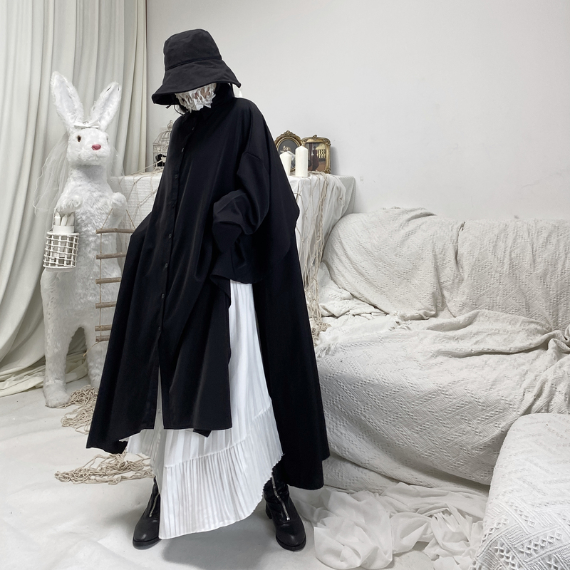 Songhui Dark Niche Irregular Drape Shirt-Style Dress Loose Plus Size High Slit Long Sleeve Trench Coat