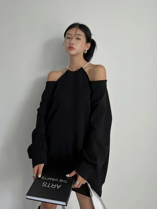 Korean Style Design Pearl Chain Off-Shoulder Long-Sleeve Sweatshirt Women's Mid-Length Loose Casual Solid Color Pullover Dress