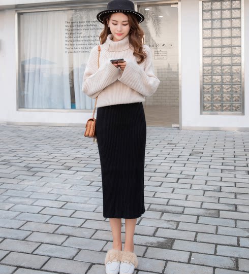 Wool Knit Skirt for Women, Winter Season, Hip-Covering, Slimming, Mid-Length, Slit, Pencil Skirt, Thickened, Straight-Cut, Bodycon Skirt