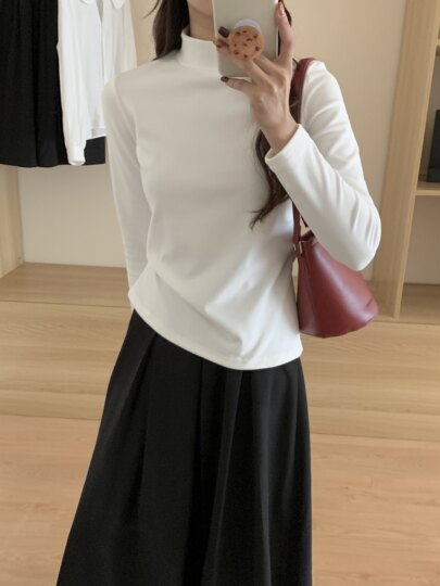 Double-sided brushed thickened warm long-sleeved T-shirt for women in autumn and winter slim-fitting half turtleneck bottoming shirt outer wear fleece top