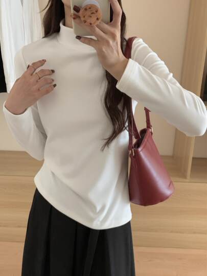 Double-sided brushed thickened warm long-sleeved T-shirt for women in autumn and winter slim-fitting half turtleneck bottoming shirt outer wear fleece top