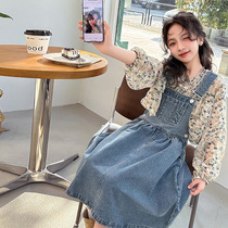 Girl Braces Skirt Suit Trendy Ocean Gas 2024 New Kids Spring Clothing Big Boy Girl Net Red Korean Version Denim Dress