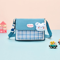 2021 new shoulder bag female students class small square bag Korean cute plush bear wild check small satchel bag