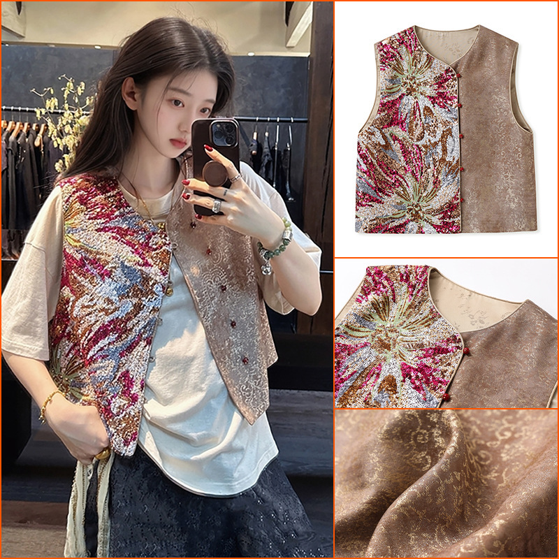 Chinese Style New Design 2026 Spring/Summer Elegant Vest for Women, Light Luxury Sequin Embroidery Jacquard Silk Vest