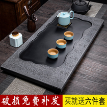 Wu Jinshi tea tray Household whole fire stone simple drainage large tray Stone Jet black Jinshi tea table tea set