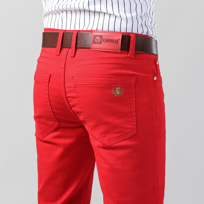 Spring and Autumn Red Jeans for Men, Stretchy Loose Straight-Leg Pants, Red Cotton Stretch Men's Long Pants, Trendy