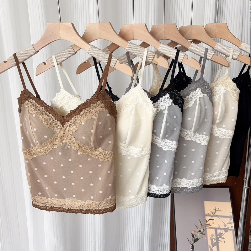 3002 Pure Desire Style Sexy Polka Dot Lace Mesh Brushed Camisole for Women with Chest Pads Slim Fit Slimming Top