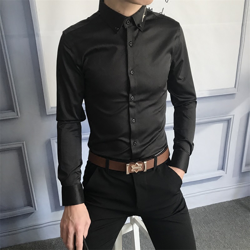 Spring and autumn men's long sleeve slim shirt Korean embroidered half sleeve casual nightclub tide men long sleeve four season shirt
