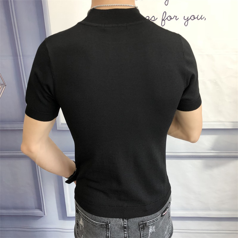Mùa hè băng lụa ngắn tay t-shirt nam cao cổ mỏng phần mỏng đan áo len Hồng Kông gió nửa tay áo đáy áo ao len nam