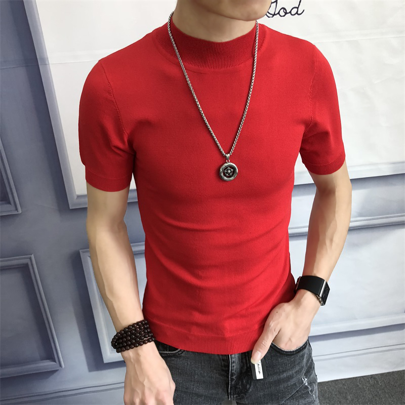 Mùa hè băng lụa ngắn tay t-shirt nam cao cổ mỏng phần mỏng đan áo len Hồng Kông gió nửa tay áo đáy áo