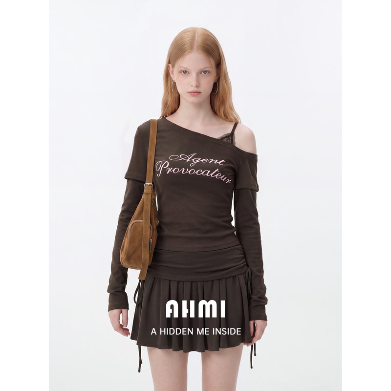 Ahmi'Dongjiao Memory' Coffee-Colored Off-Shoulder Letter Print Long-Sleeve T-Shirt and Skirt Set for Women, New Autumn Melard Style