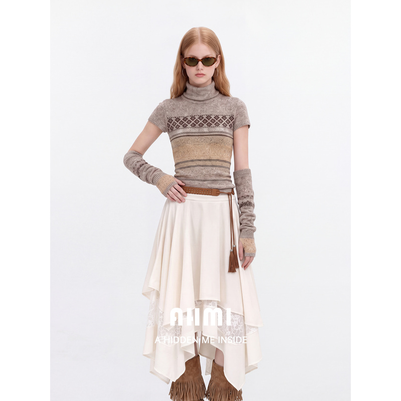 Ahmi "Island Old Lettering" Retro Color-Blocked Fair Isle Turtleneck Knitted Sweater for Women, Autumn and Winter Slim-Fit Top with Sleeves
