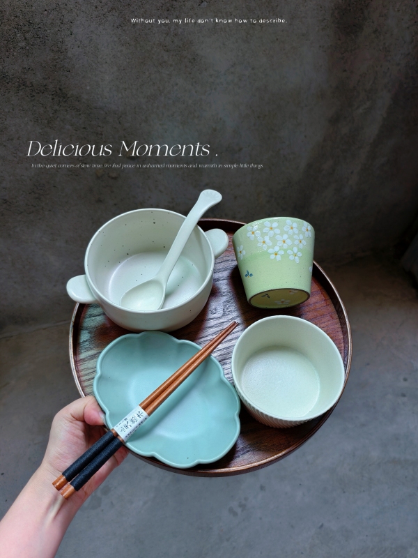 Llhome Green and Unique Tableware for One Person, Breakfast Tableware, Weight Loss Tableware, Gift, Includes Hand-Painted Purple Clay Cup