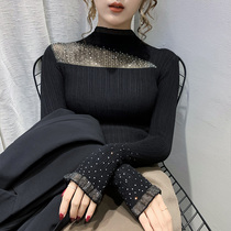 2021 autumn new lace semi-high neck fashion bottoming shirt top slim long-sleeved pullover sweater womens sweater