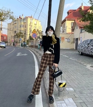 Spot First Rich Stars Teenage Girl Minus Age College Gge Print Slim Retro Port Wind Checkered Pants Loose Straight Drum Pants