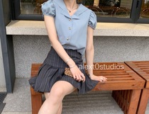 Spot First Rich Midsummer Night Dream Cotton Numb Navy Wind Baby Blue Short Sleeve Blouse Gentle Blue Shirt