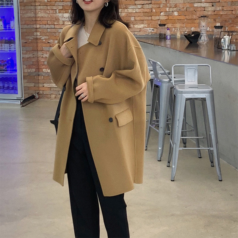 2021 new high-end camel double-sided cashmere coat women's short loose small size tweed coat