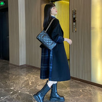Anti-Season 2021 new high-end double-sided cashmere coat womens long thin splicing Plaid hand seam double-sided
