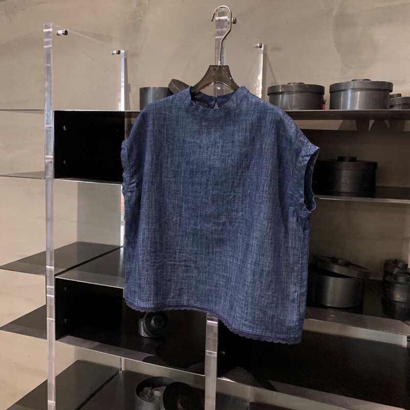 100% Pure Cotton Retro Artistic Lace-Edged Denim Texture Crochet Lace Short-Sleeved T-Shirt for Women T8318