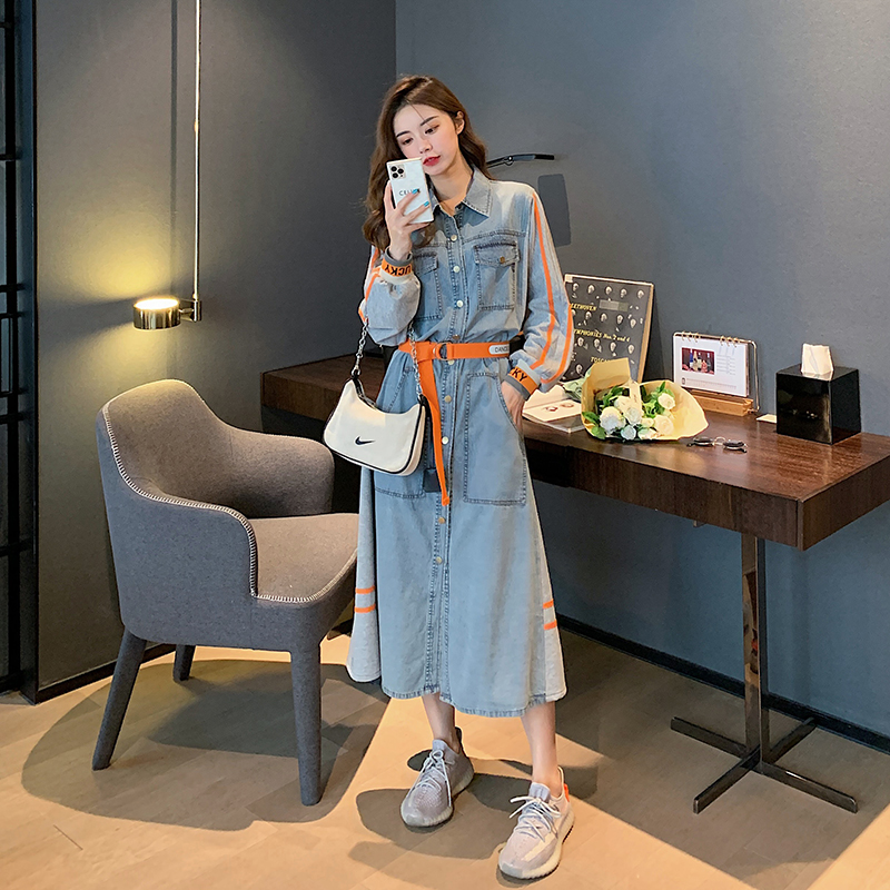 Slim, long-sleeved, temperament, slim waist, denim dress, women's 2021 spring and autumn new long knee skirt